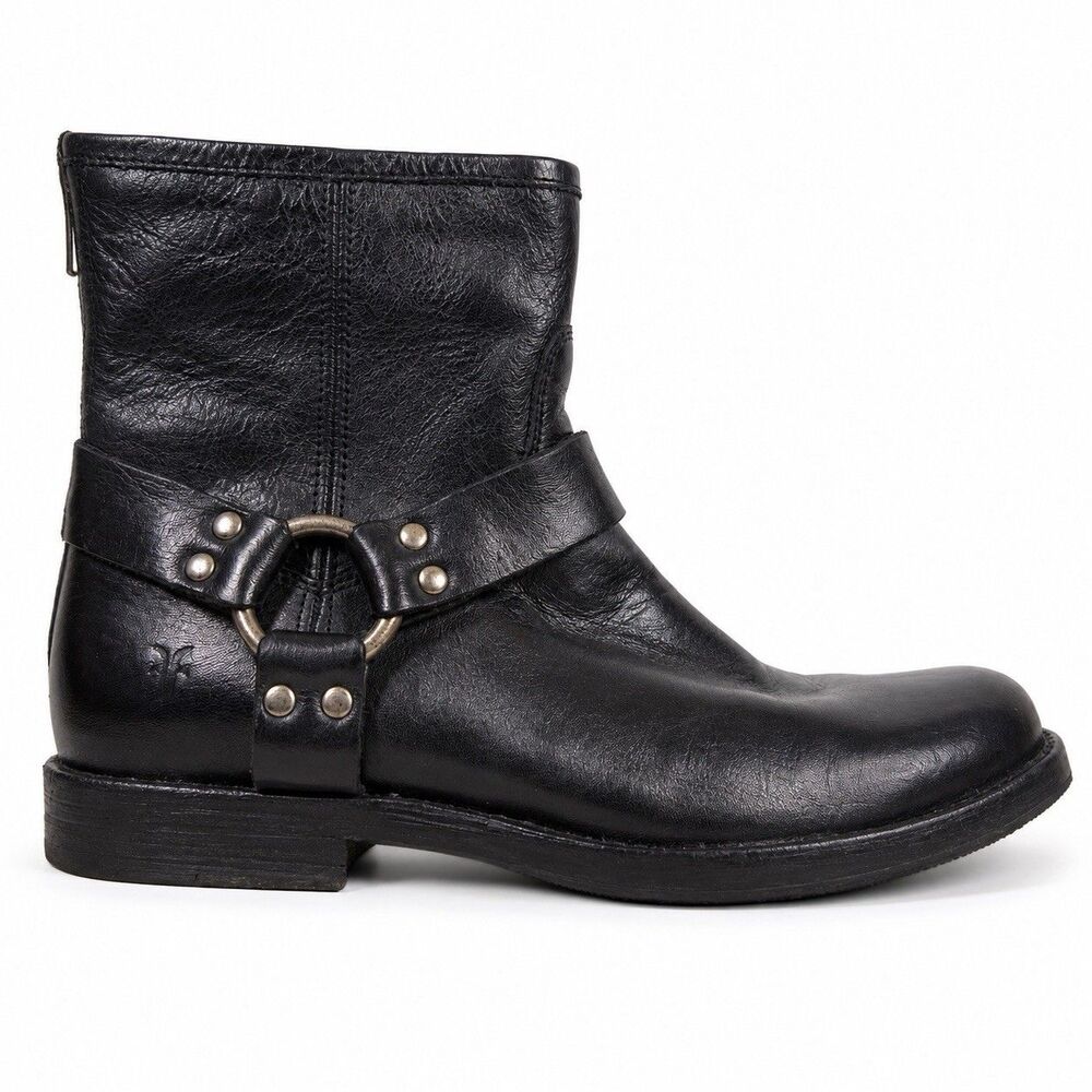 Frye Phillip Harness Boots Women Size 7 B Black Leather Moto Biker Vibram USA